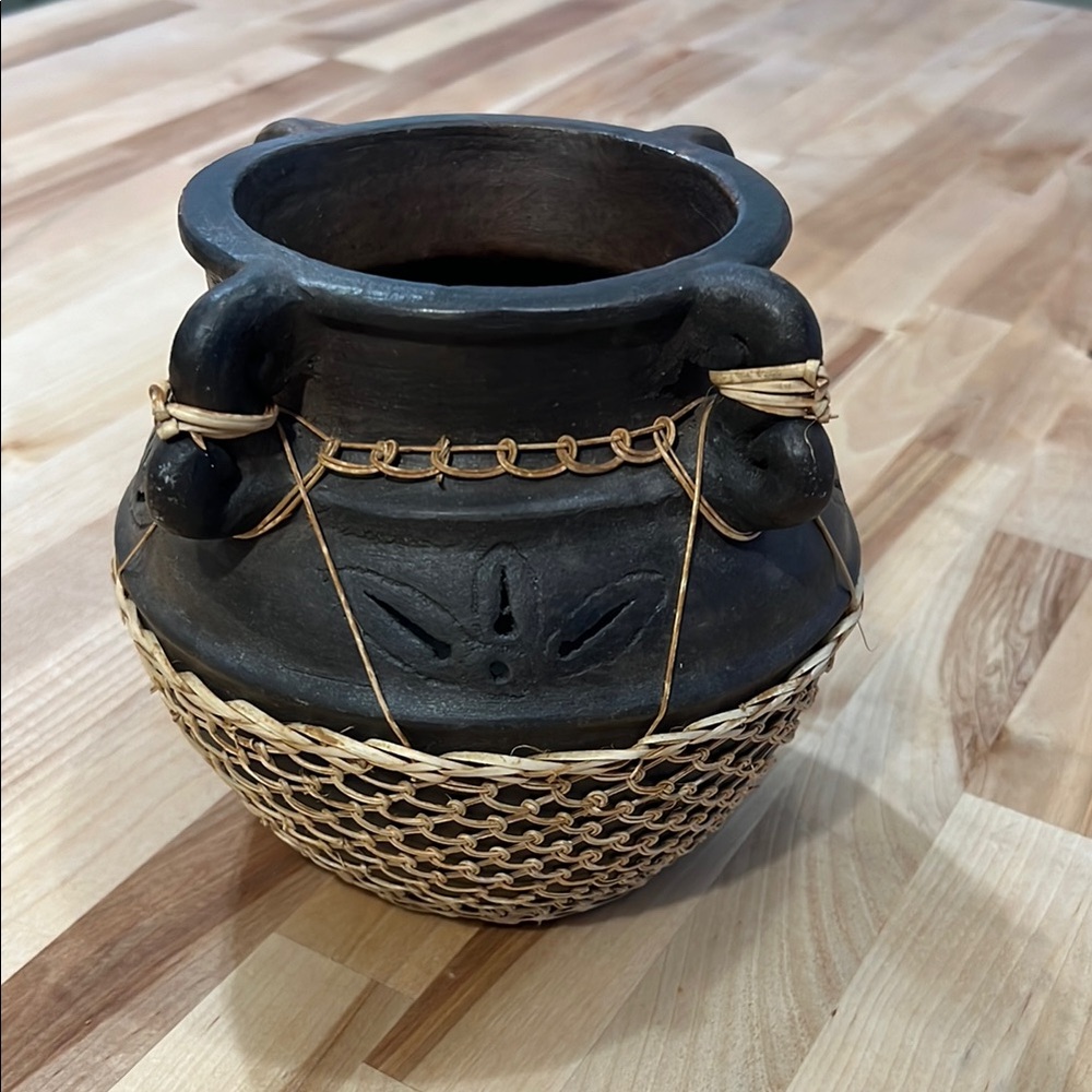 MID 20TH CENTURY JAPANESE BAMBOO RATTAN WRAPPED POTTERY VESSEL